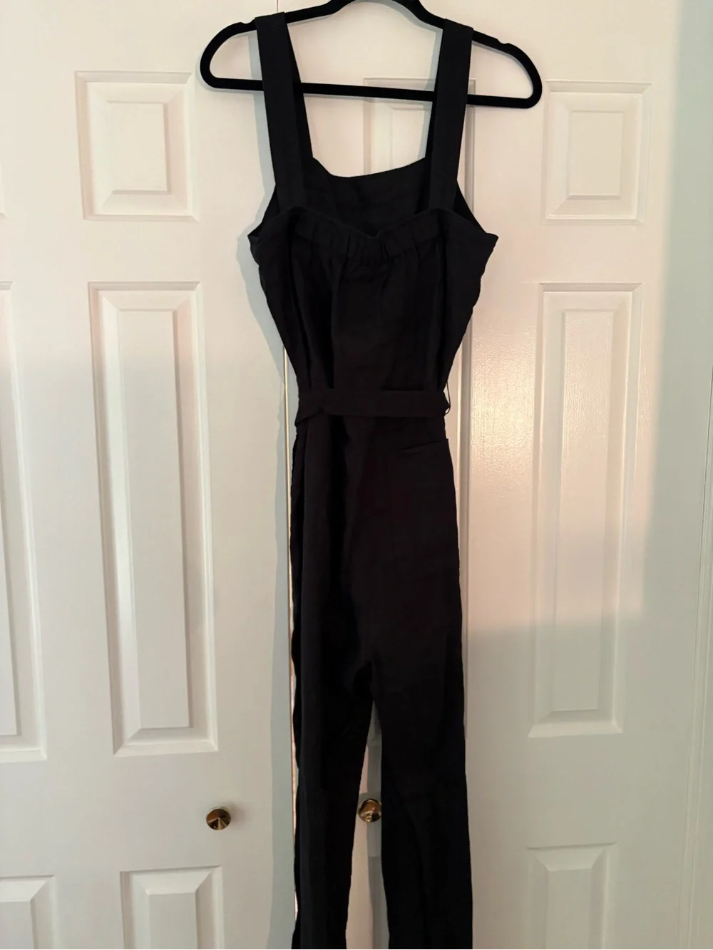 Quince Black Sleeveless Wide-Leg Linen Jumpsuit with Waist Tie